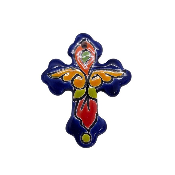 Talavera Crucifix Holy Cross Mexico Ceramic Art Hanging Wall Ornament Mini Blue - Picture 9 of 9